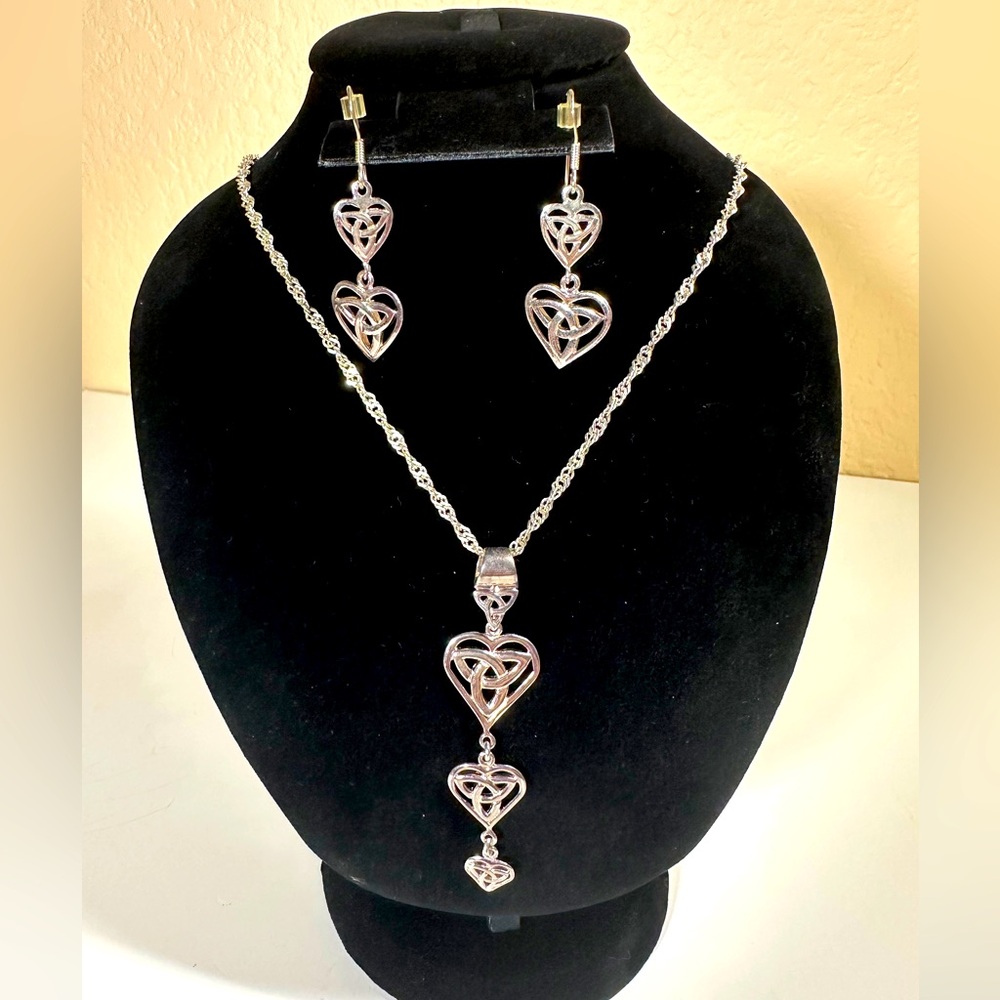 Sterling Silver 925 Celtic Knot Triple Heart Drop Necklace & Earrings Set